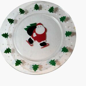 Arcoroc Santa Skating  Vintage Christmas Salad Dessert Glass Plates France